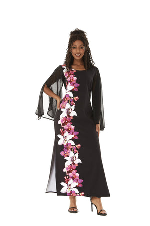 Women's Maxi Tank Dress with Sleeves in Watercolor Orchid in Black with Pink