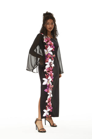Women's Maxi Tank Dress with Sleeves in Watercolor Orchid in Black with Pink