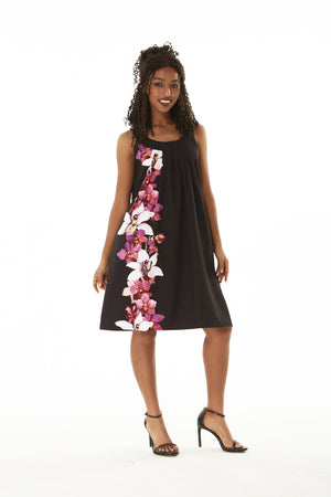 Women's Round Neck Shift Dress in Watercolor Orchid in Black with Pink