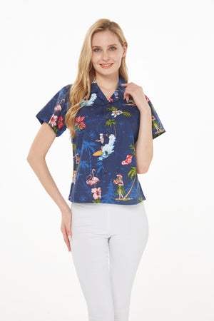 Women's Lady Aloha Shirt in Christmas Navy