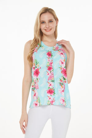 Women's Tank Top in Pink Turquoise Hibiscus Vine