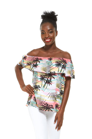 Women's Off the Shoulder Top in Sunset Neon Pastel