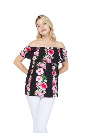 Women's Off the Shoulder Top in Pink Black Hibiscus Vine