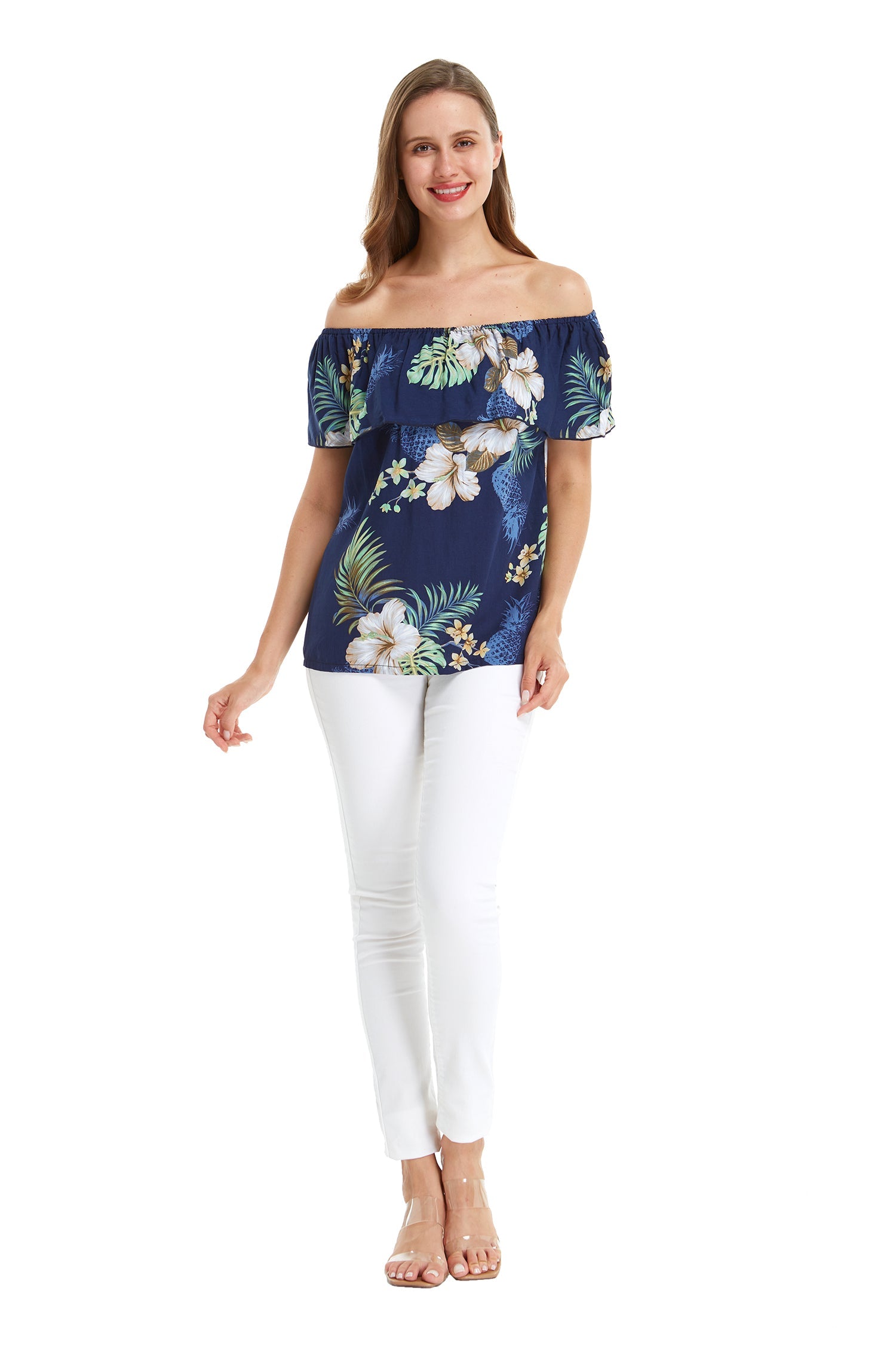 Women's Off the Shoulder Top in Pineapple Garden Navy