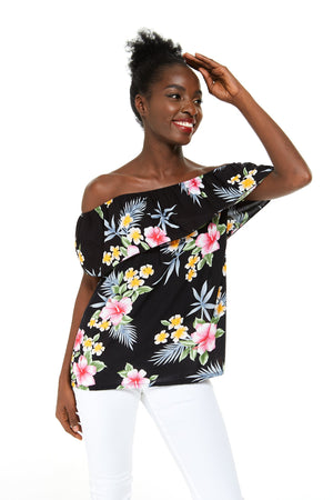 Women's Off the Shoulder Top in Hibiscus Black