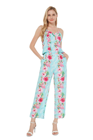Women's Strap V with Pockets Jumpsuit in Pink Turquoise Hibiscus Vine