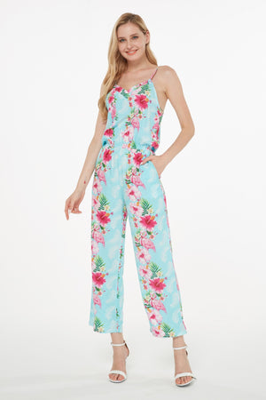 Women's Strap V with Pockets Jumpsuit in Pink Turquoise Hibiscus Vine