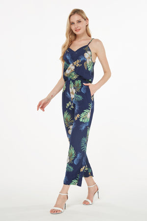 Women's Strap V with Pockets Jumpsuit in Pineapple Garden Navy