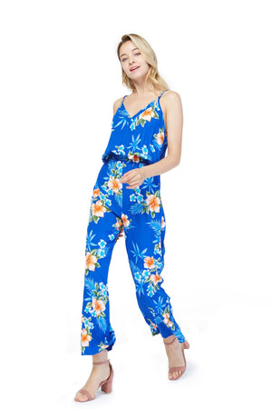 Women's Strap V with Pockets Jumpsuit in Hibiscus Blue