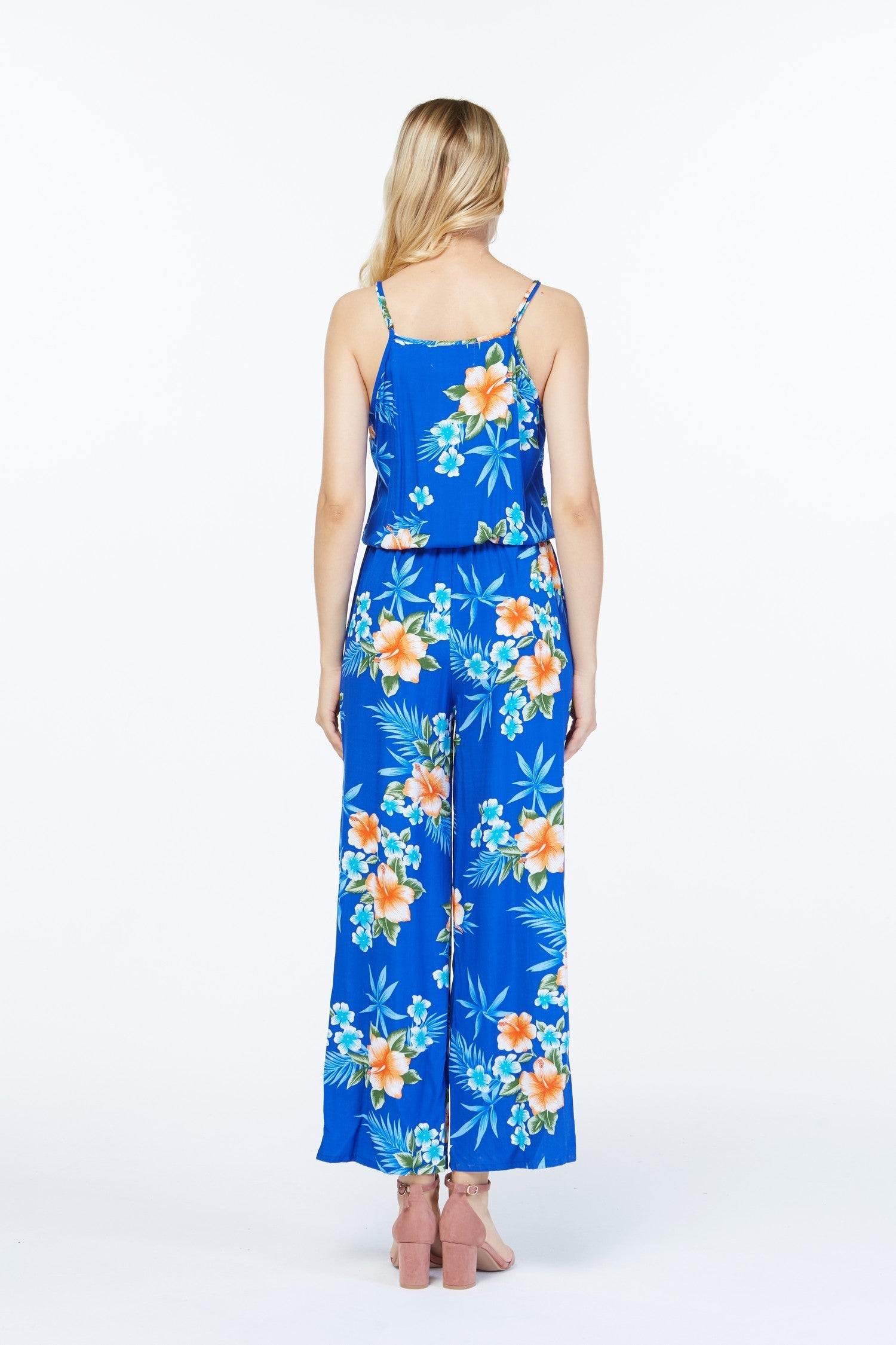 Women's Strap V with Pockets Jumpsuit in Hibiscus Blue