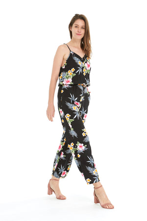 Women's Strap V with Pockets Jumpsuit in Hibiscus Black