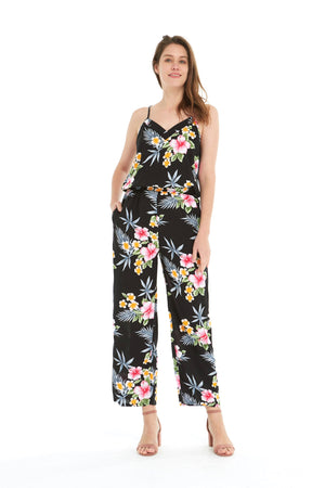 Women's Strap V with Pockets Jumpsuit in Hibiscus Black