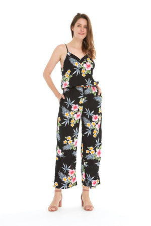 Women's Strap V with Pockets Jumpsuit in Hibiscus Black