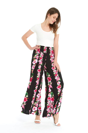 Women's High Slit Wide Leg Palazzo Pants in Pink Hibiscus Vine Black