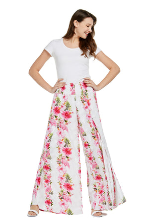 Women's Wide Leg Palazzo Pants in Pink Hibiscus Vine White