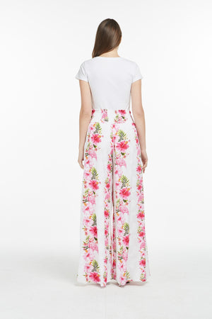 Women's Wide Leg Palazzo Pants in Pink Hibiscus Vine White