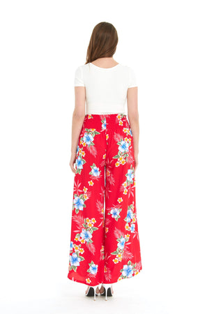 Women's High Slit Wide Leg Palazzo Pants in Hibiscus Red