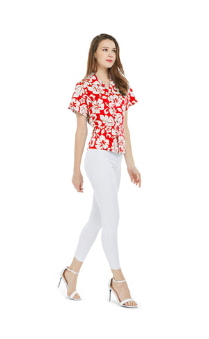 Women's Lady Aloha Shirt in Vintage Hibiscus Red