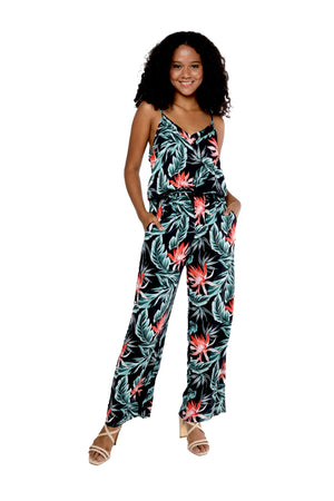 Women's Strap V with Pockets Jumpsuit in Blooming Lily Black