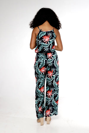 Women's Strap V with Pockets Jumpsuit in Blooming Lily Black