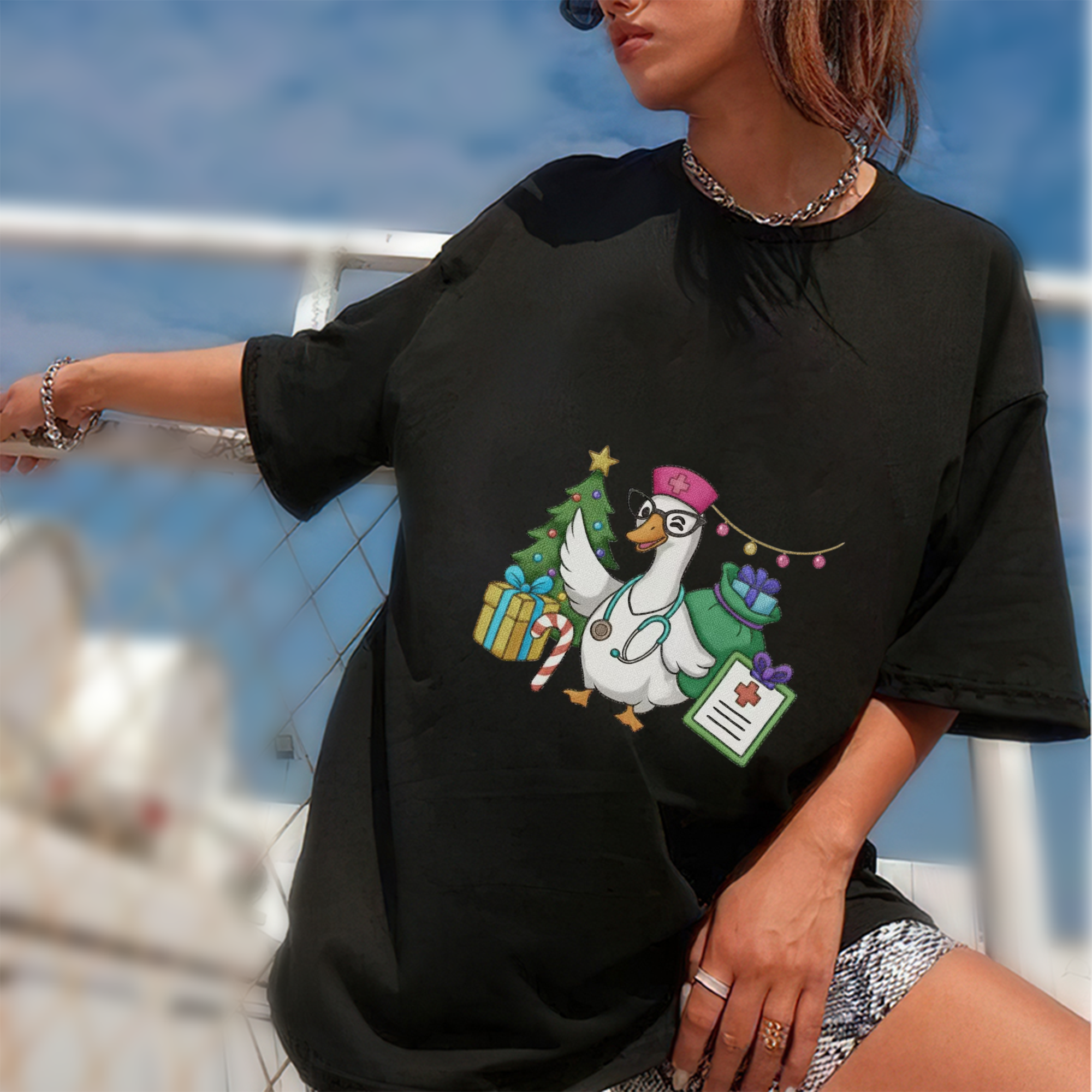 Nurse Christmas Silly Goose Embroidery T-Shirt