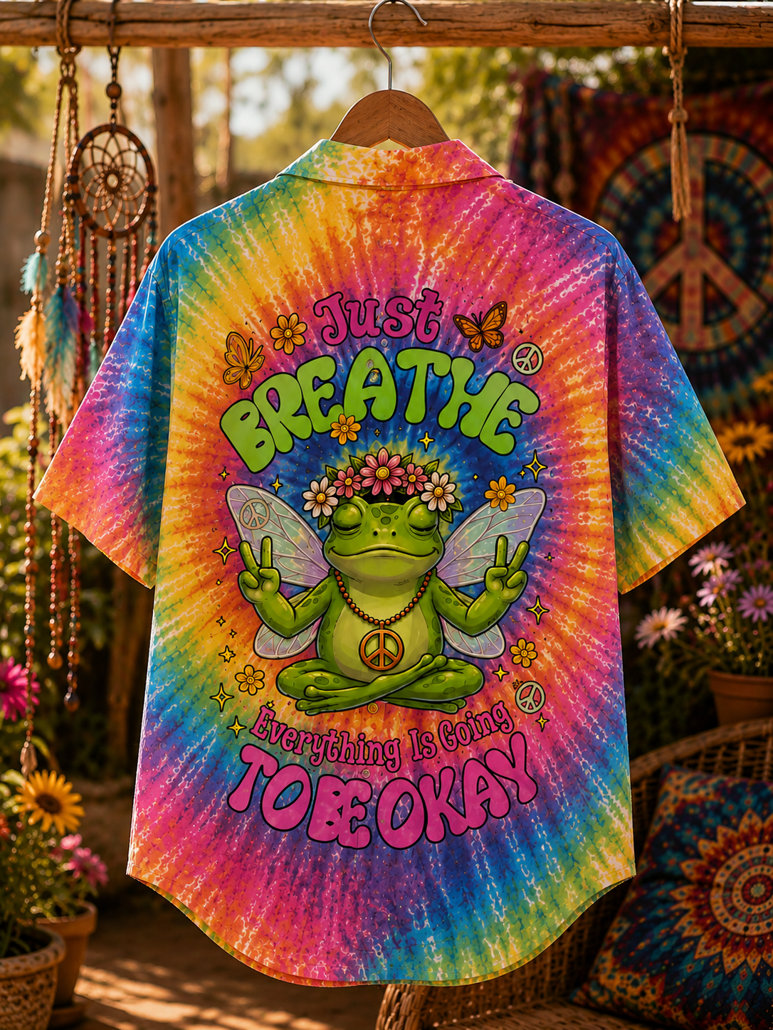 Peace Frog Tie Dye Hawaiian Shirt Back Flat Lay
