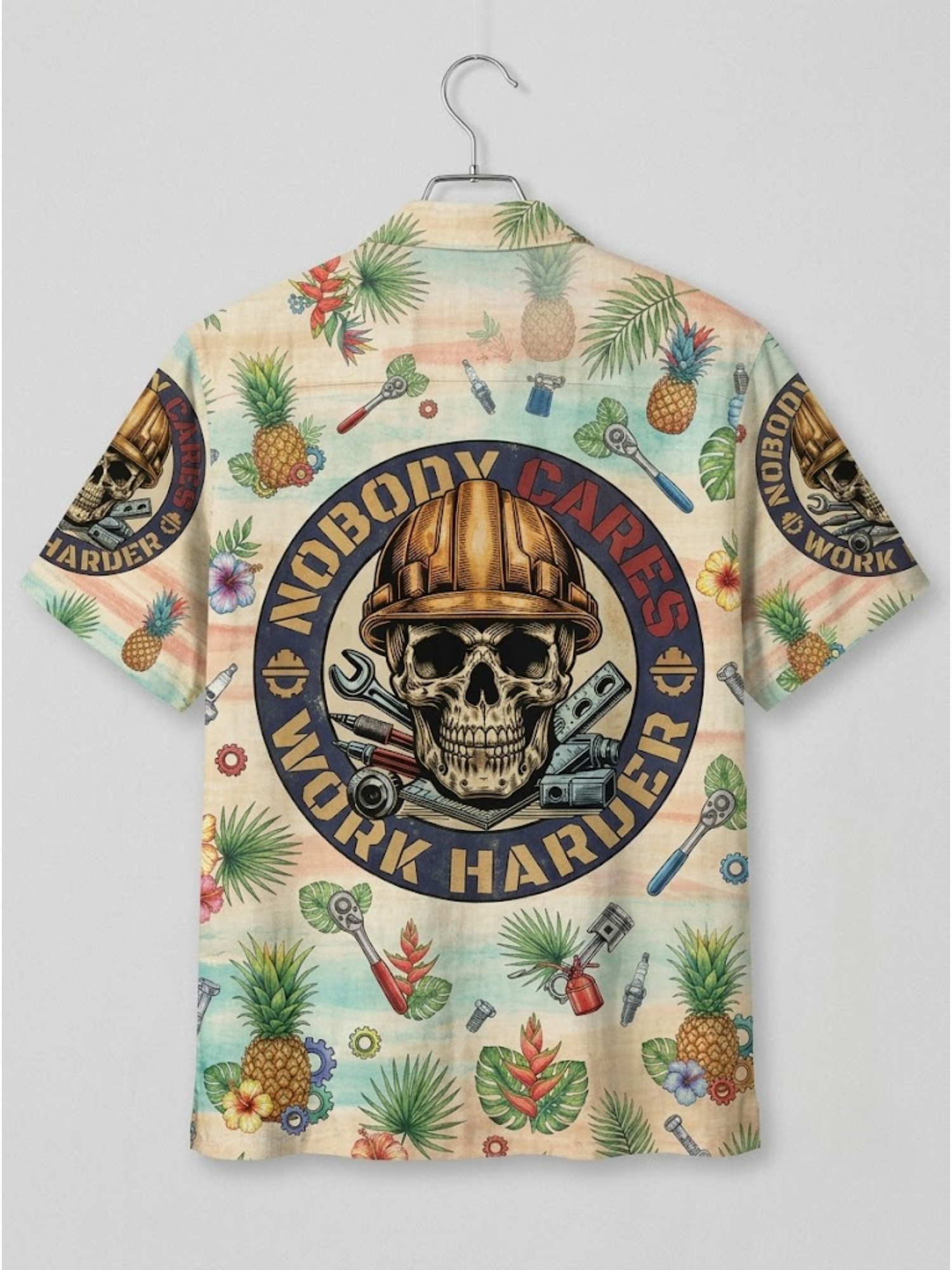 Work Harder Skull Hawaiian Shirt Back Flat Lay