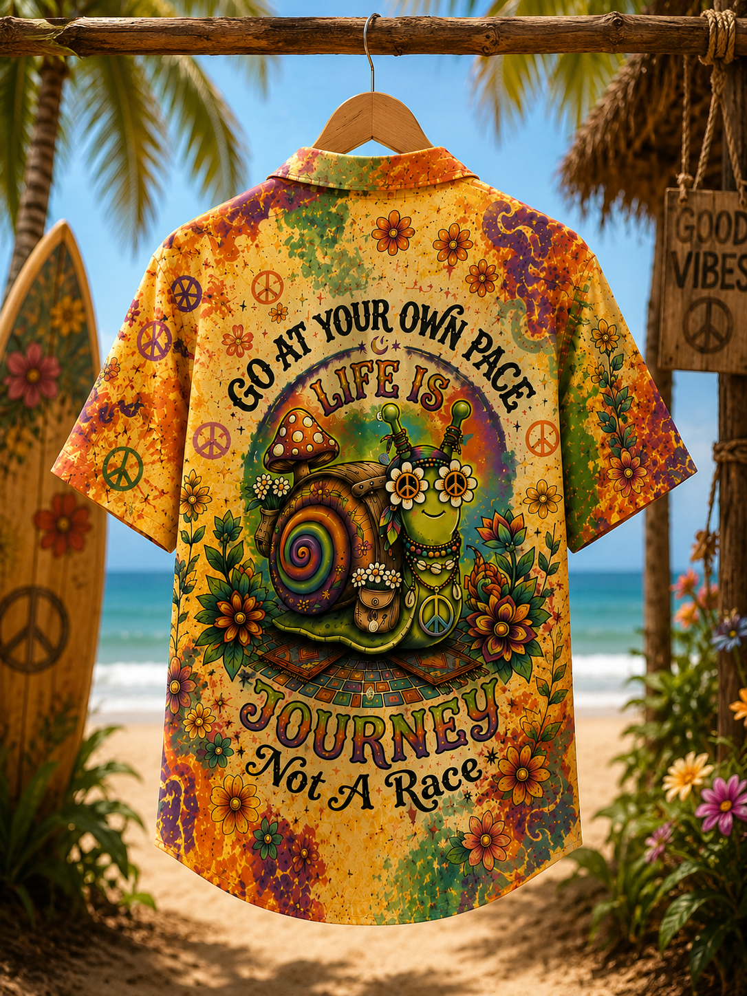 Boho Hippie Snail Hawaiian Shirt for Women Back Flat Lay