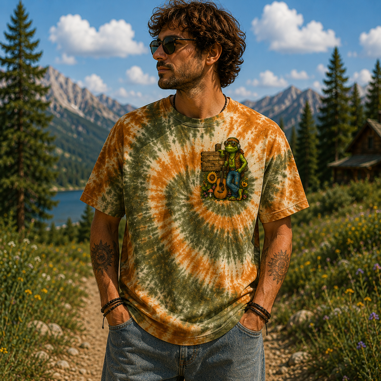 Just Breathe Hippie Frog & Rustic Guitar All Over Print T-Shirt