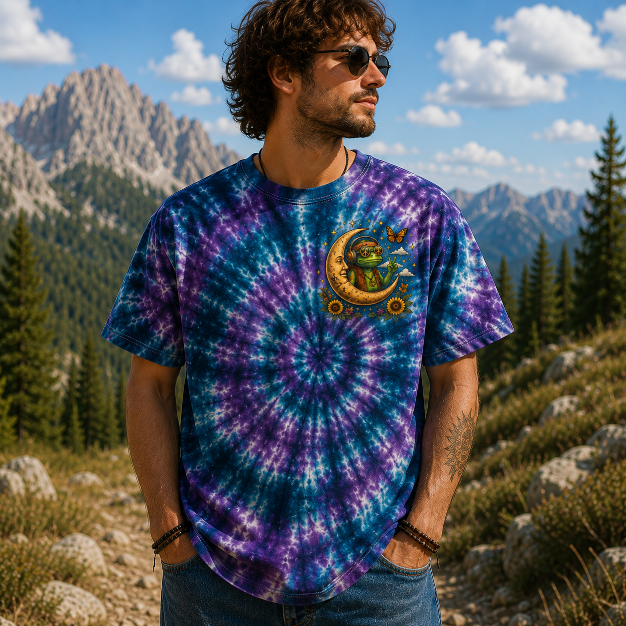 Just Breathe Crescent Moon Frog All Over Print T-Shirt