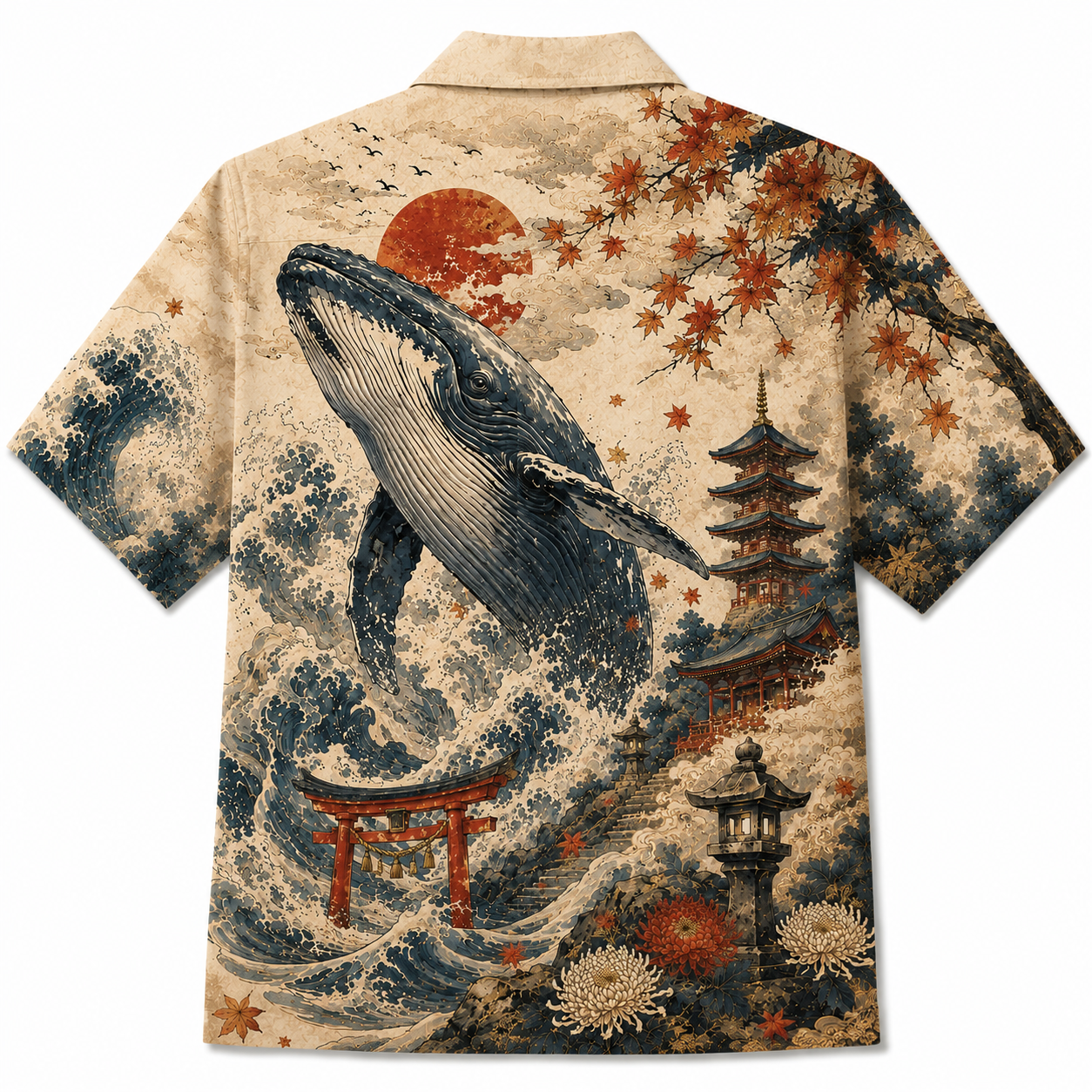 Japanese Whale Ocean Temple Hawaiian Shirt