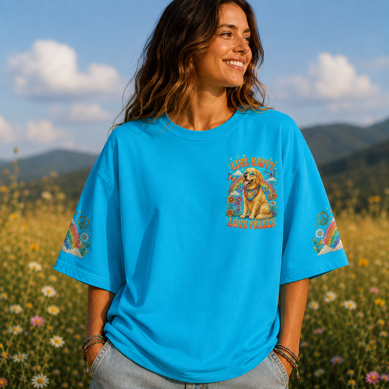 Live Happy Love Freely Golden Retriever All Over Print T-Shirt