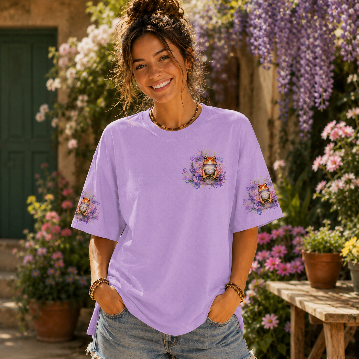 Bloom As You Are Purple Floral Frog All Over Print T-Shirt