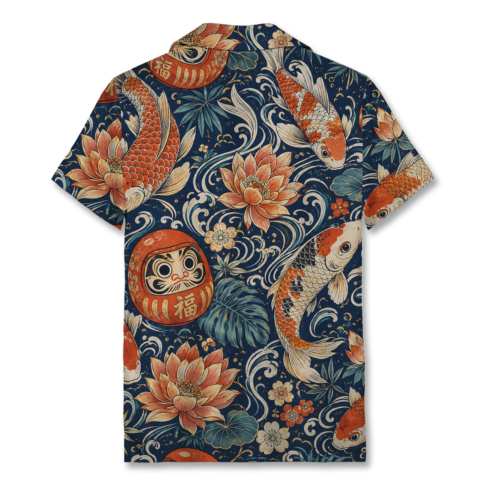 Japanese Koi Daruma Hawaiian Shirt Floral Ocean Waves Aloha Shirt