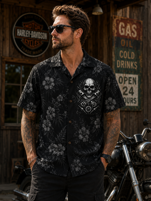 Man Wearing Custom Mechanic Skull Hawaiian Shirt Front View