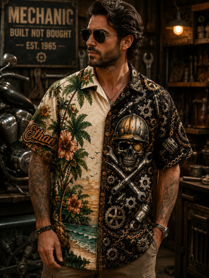 Man Wearing Hard Hat Skull Hawaiian Shirt Front View
