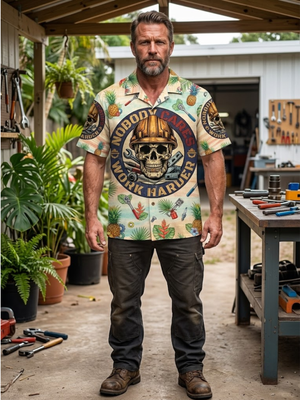 Man Wearing Work Harder Skull Hawaiian Shirt Front View