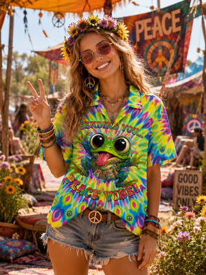 Model Wearing Groovy Peace Frog Hawaiian Shirt Front View