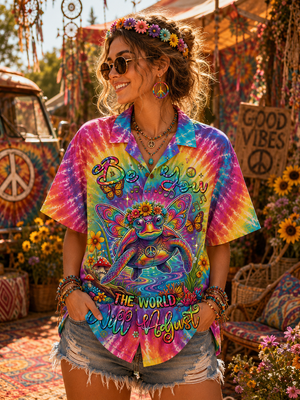 Model Wearing Peace Turtle Tie Dye Hawaiian Shirt Front View