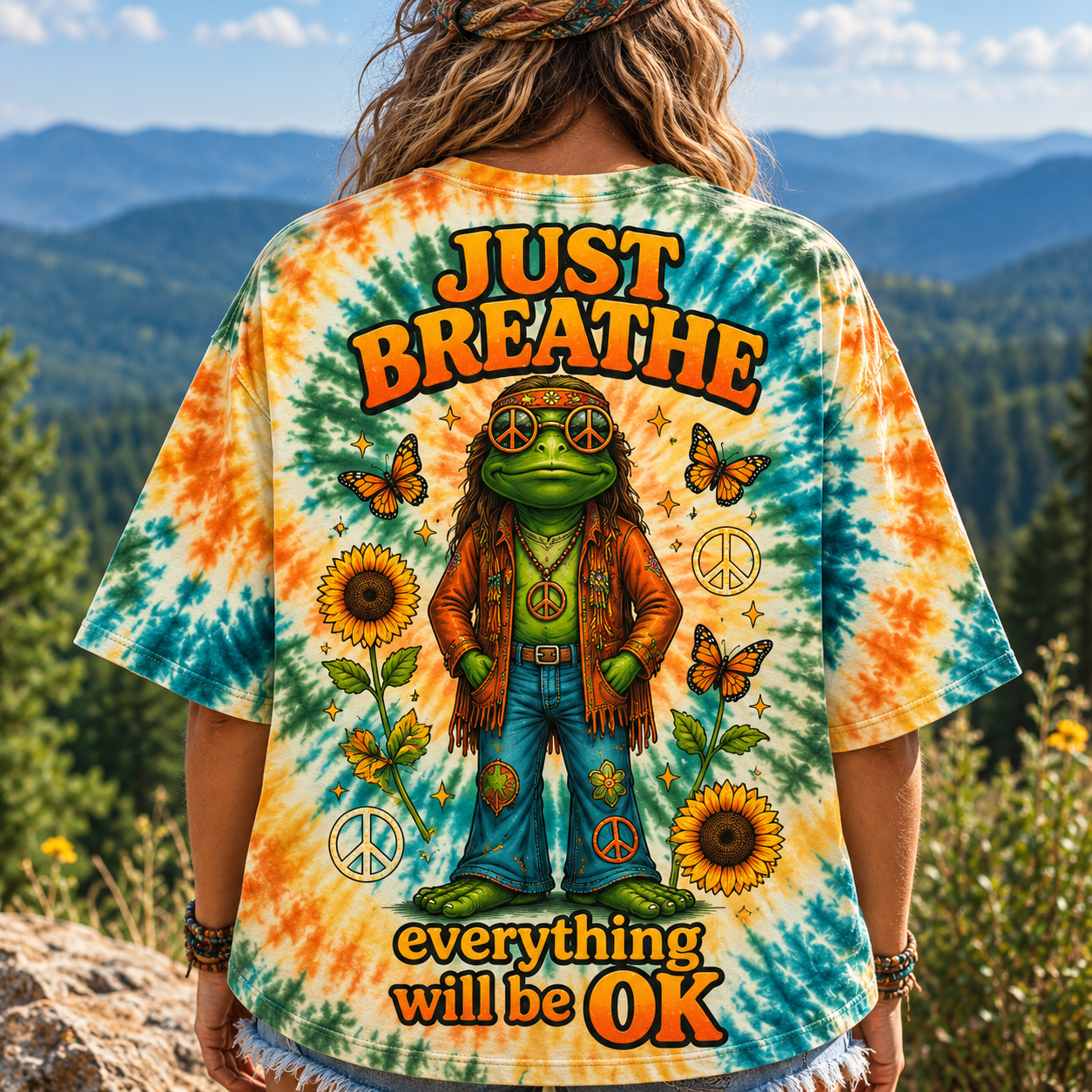 Just Breathe Everything Will Be OK Hippie Frog All Over Print T-Shirt