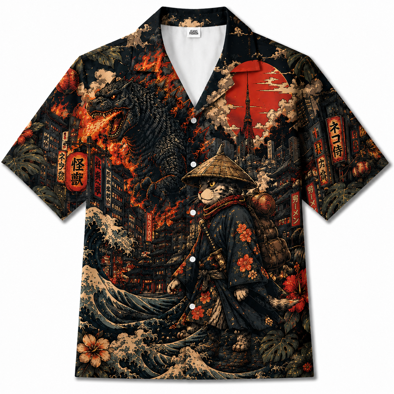 Kaiju Cat Samurai Japanese Hawaiian Shirt