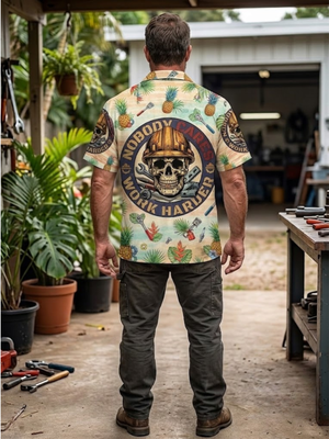 Man Wearing Work Harder Skull Hawaiian Shirt Back View