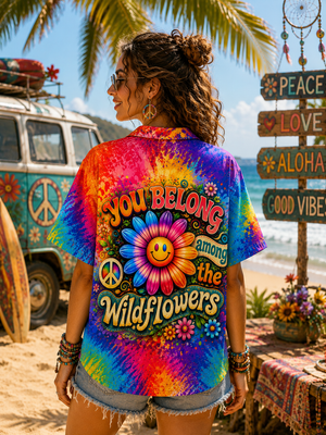 Woman Wearing Wildflower Smile Hippie Hawaiian Shirt Back