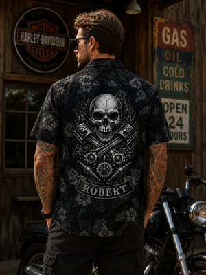 Man Wearing Custom Mechanic Skull Hawaiian Shirt Back View