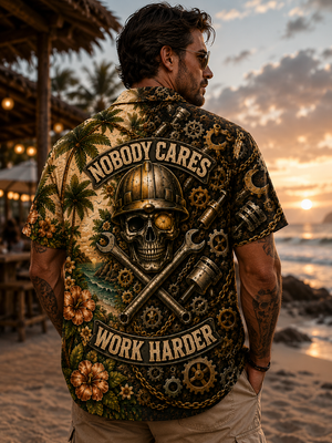 Man Wearing Hard Hat Skull Hawaiian Shirt Back View