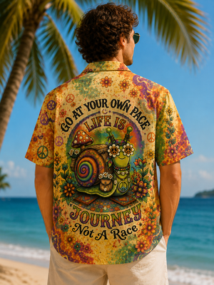 Model Wearing Boho Hippie Snail Hawaiian Shirt Back View