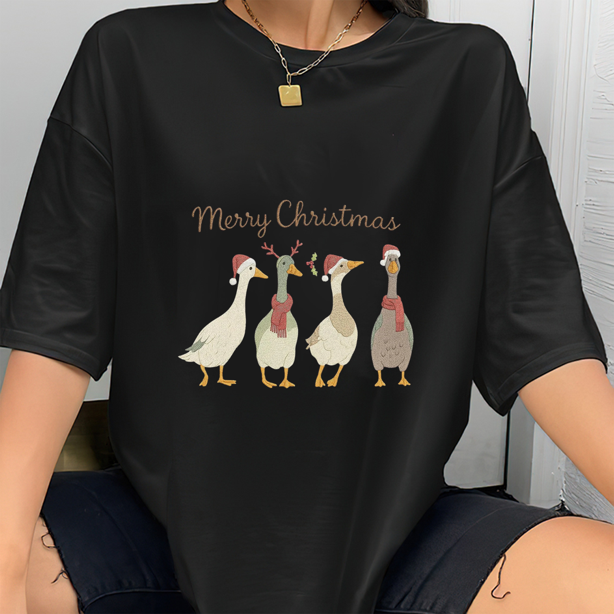 Christmas Duck Embroidery T-Shirt