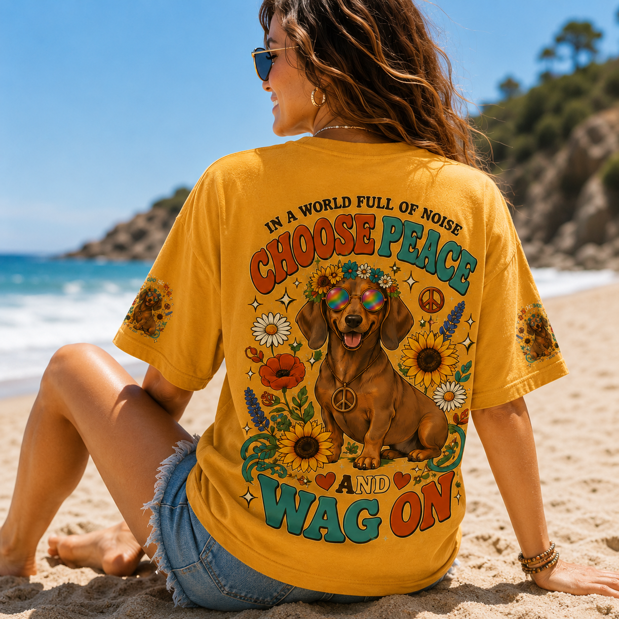 In A World Full Of Noise Choose Peace And Wag On Dachshund All Over Print T-Shirt