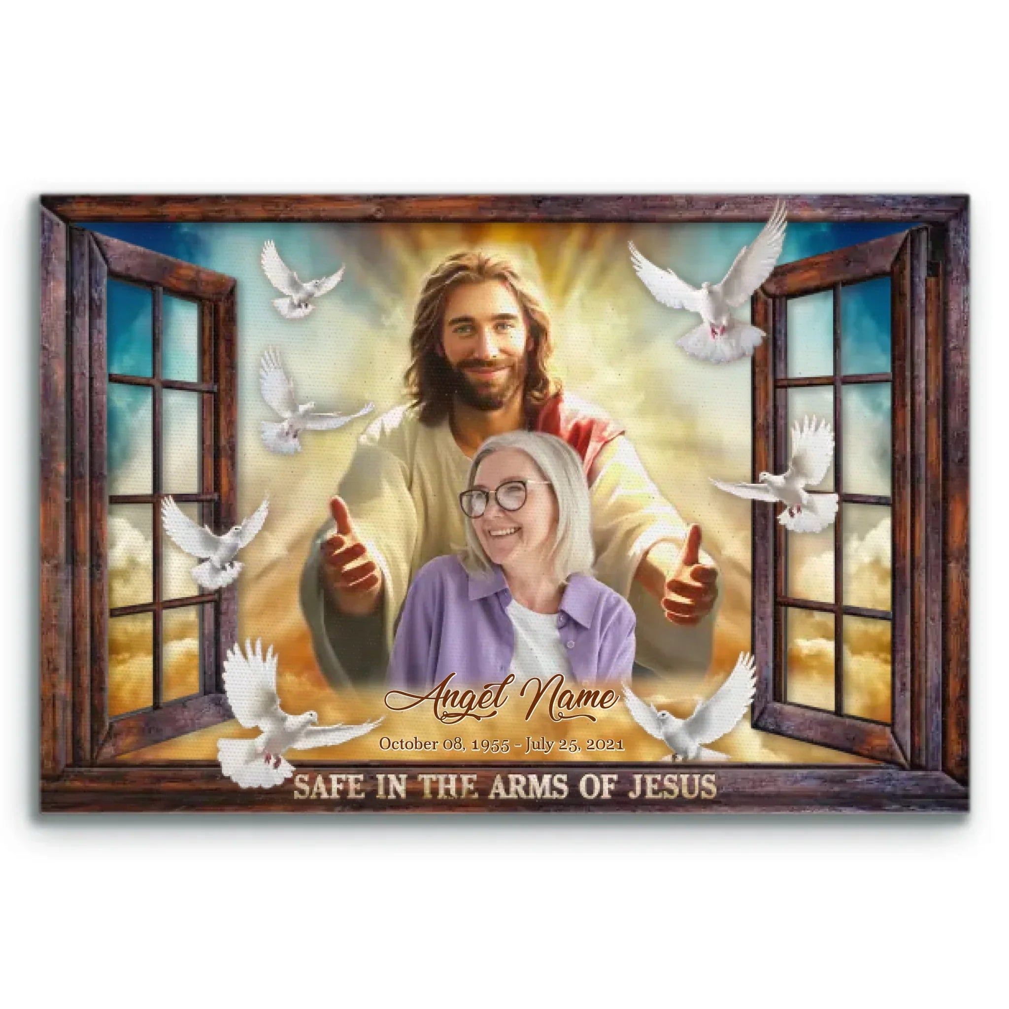 Personalized Canvas Prints, Custom Photo, Memorial Gifts, Sympathy Gifts, Window Frame Safe In The Arms Of Jesus Dem Canvas
