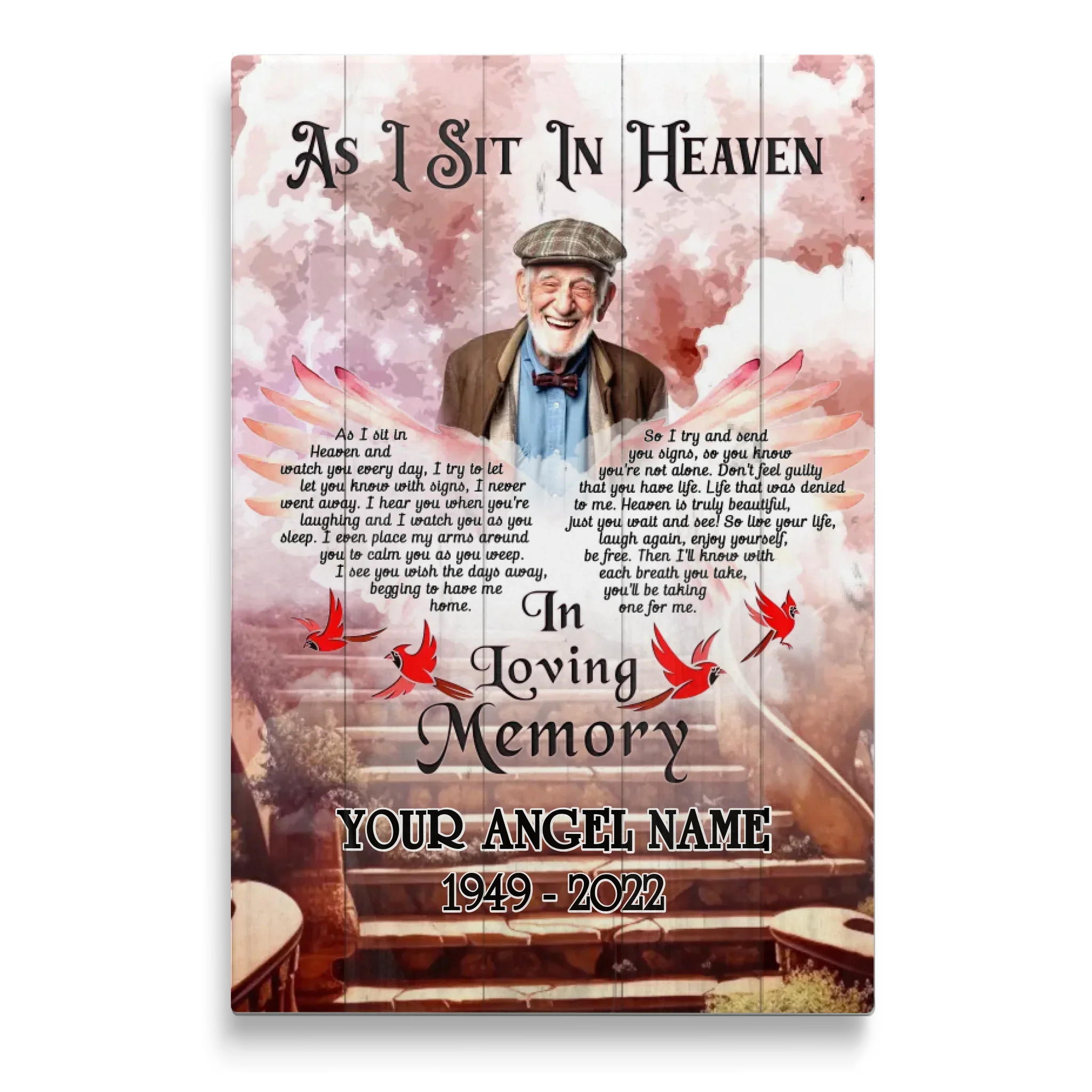 Personalized Canvas Prints, Custom Photo, Sympathy Gifts, Memorial Gifts, Cardinal Wings,Loss Mom, Loss Dad, As I Sit In Heaven Dem Canvas